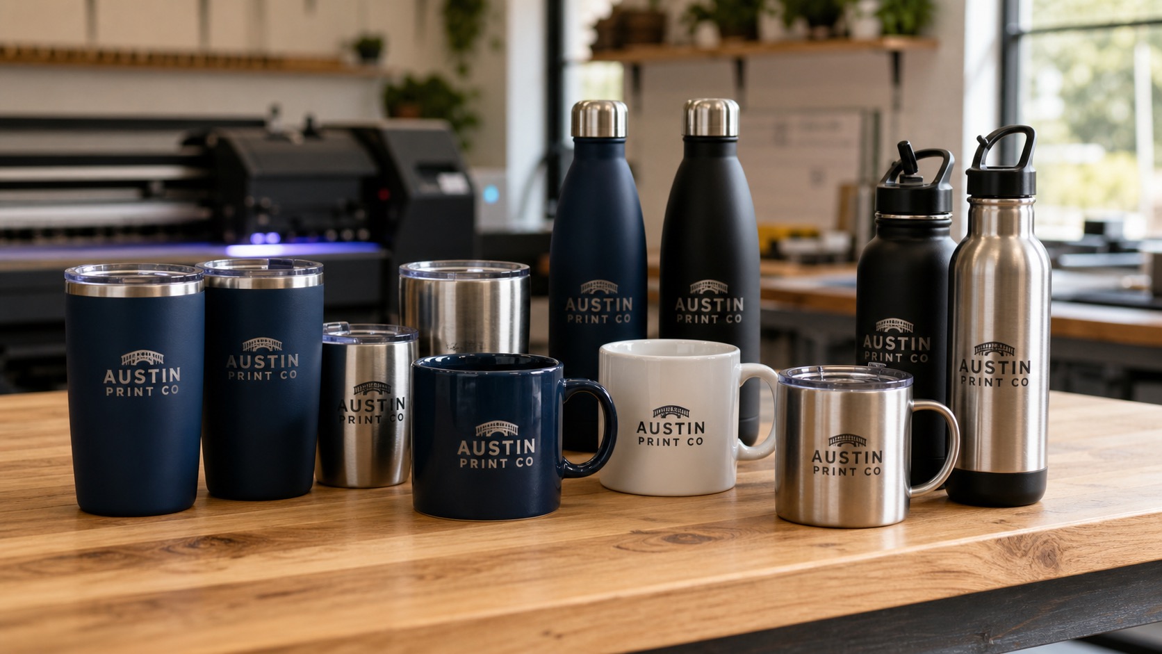 Custom tumblers, mugs, and bottles with the Austin Print Co logo printed directly on the drinkware surfaces
