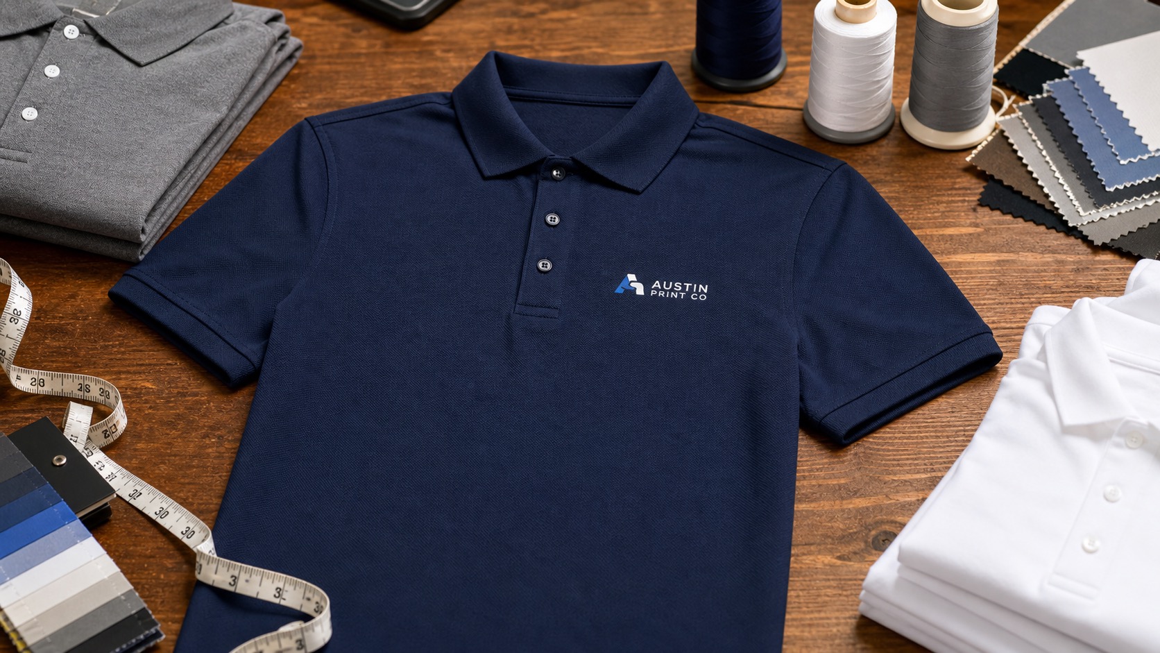 Navy company polo with the Austin Print Co logo embroidered directly on the left chest in a realistic placement
