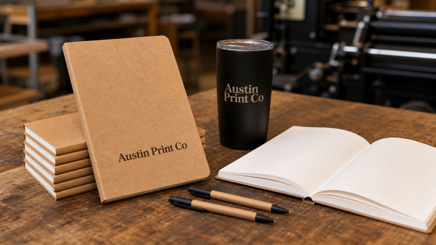 Kraft notebooks and black tumbler on a print shop table with Austin Print Co text printed directly on the notebook cover and tumbler.