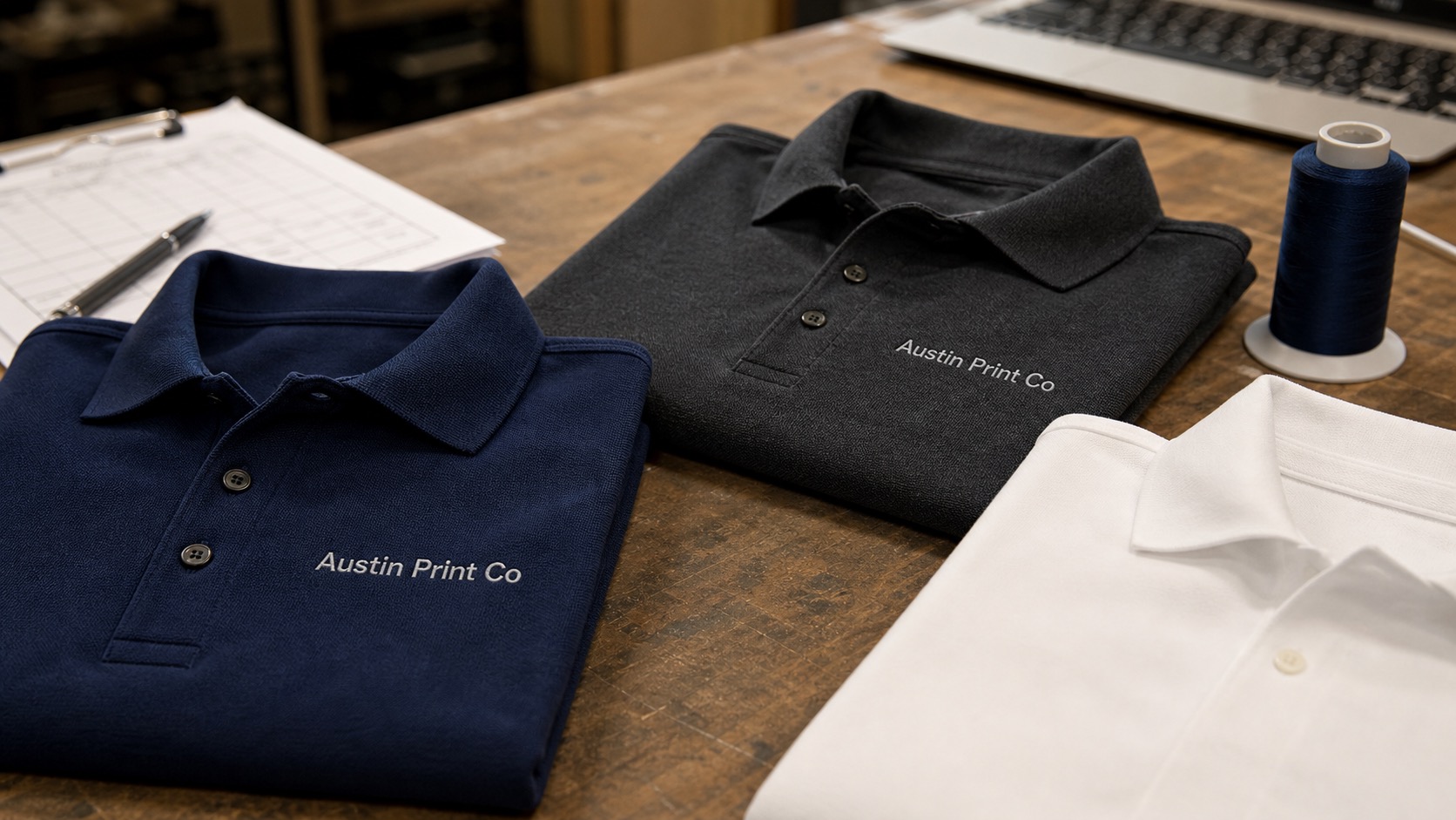 Folded navy and charcoal polo shirts with Austin Print Co text embroidered on the left chest