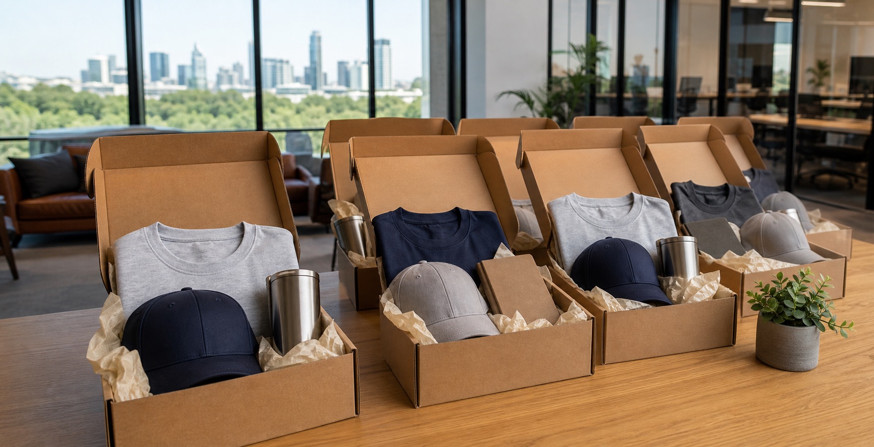 Employee onboarding kit with custom apparel, tumbler, notebook, and hat