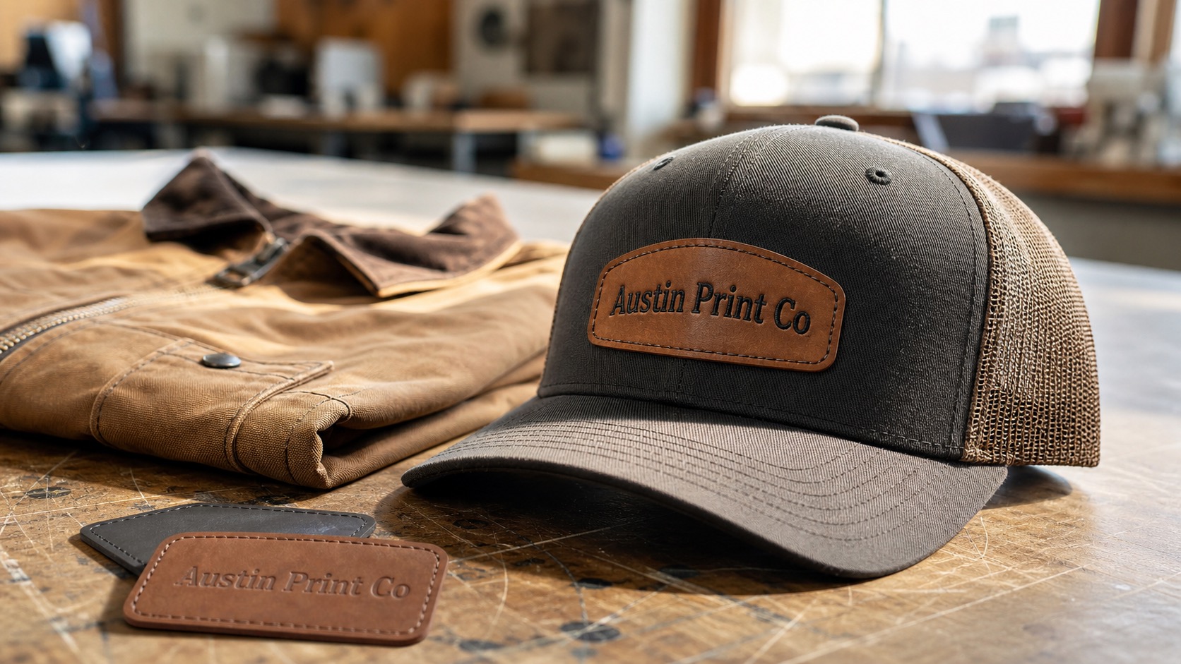Custom patch hat and leatherette patch samples with Austin Print Co text on the product surfaces