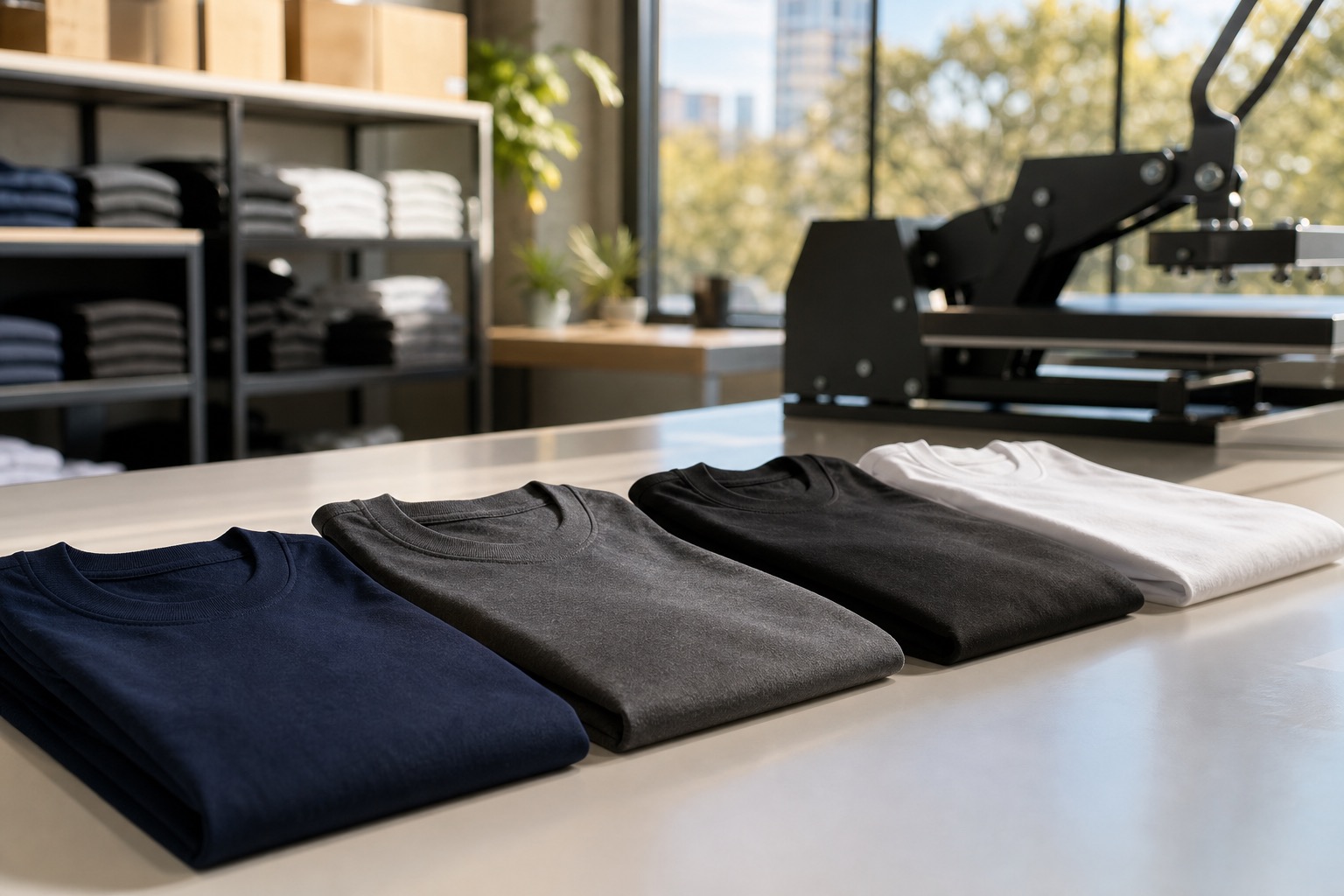 Custom shirts being prepared on a production table at an Austin print shop