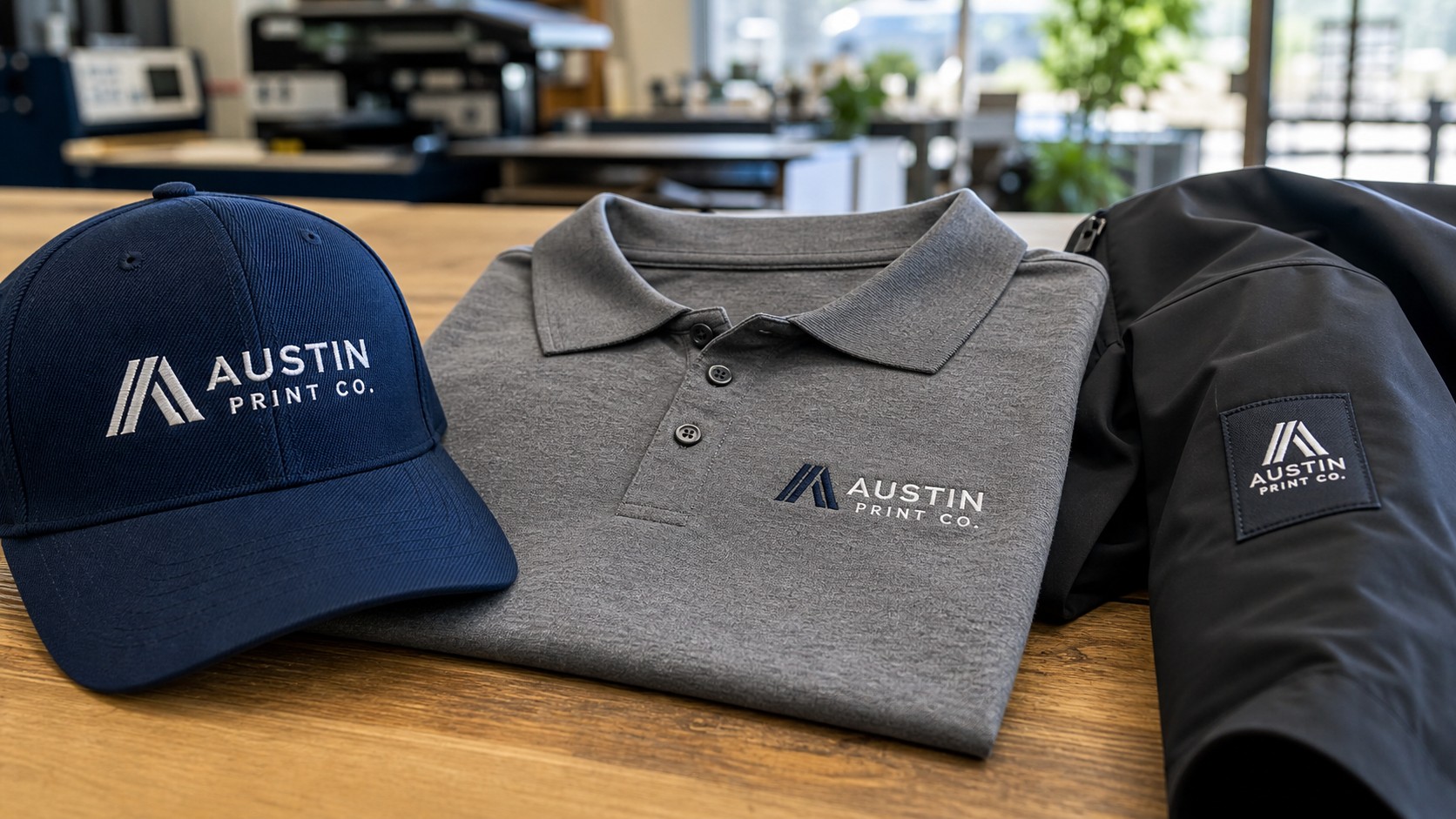 Austin Print Co logo embroidered directly on a navy cap, gray polo, and black work jacket for custom embroidery in Cedar Park.