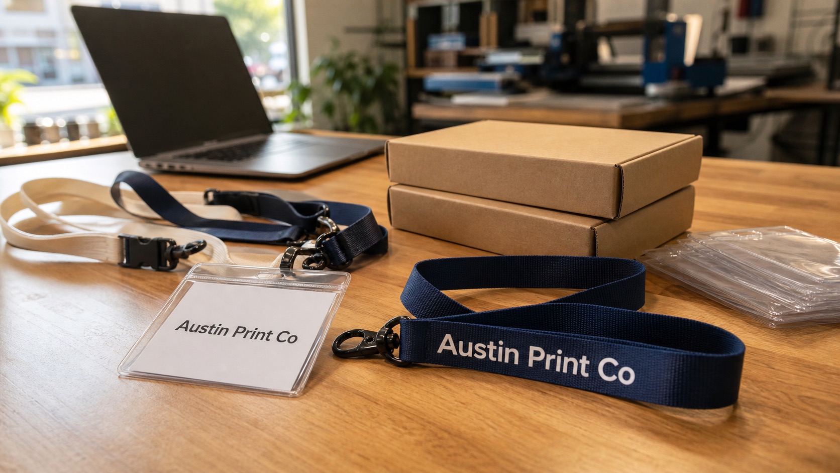 Custom event badge and lanyard with Austin Print Co text printed directly on the badge and fabric strap