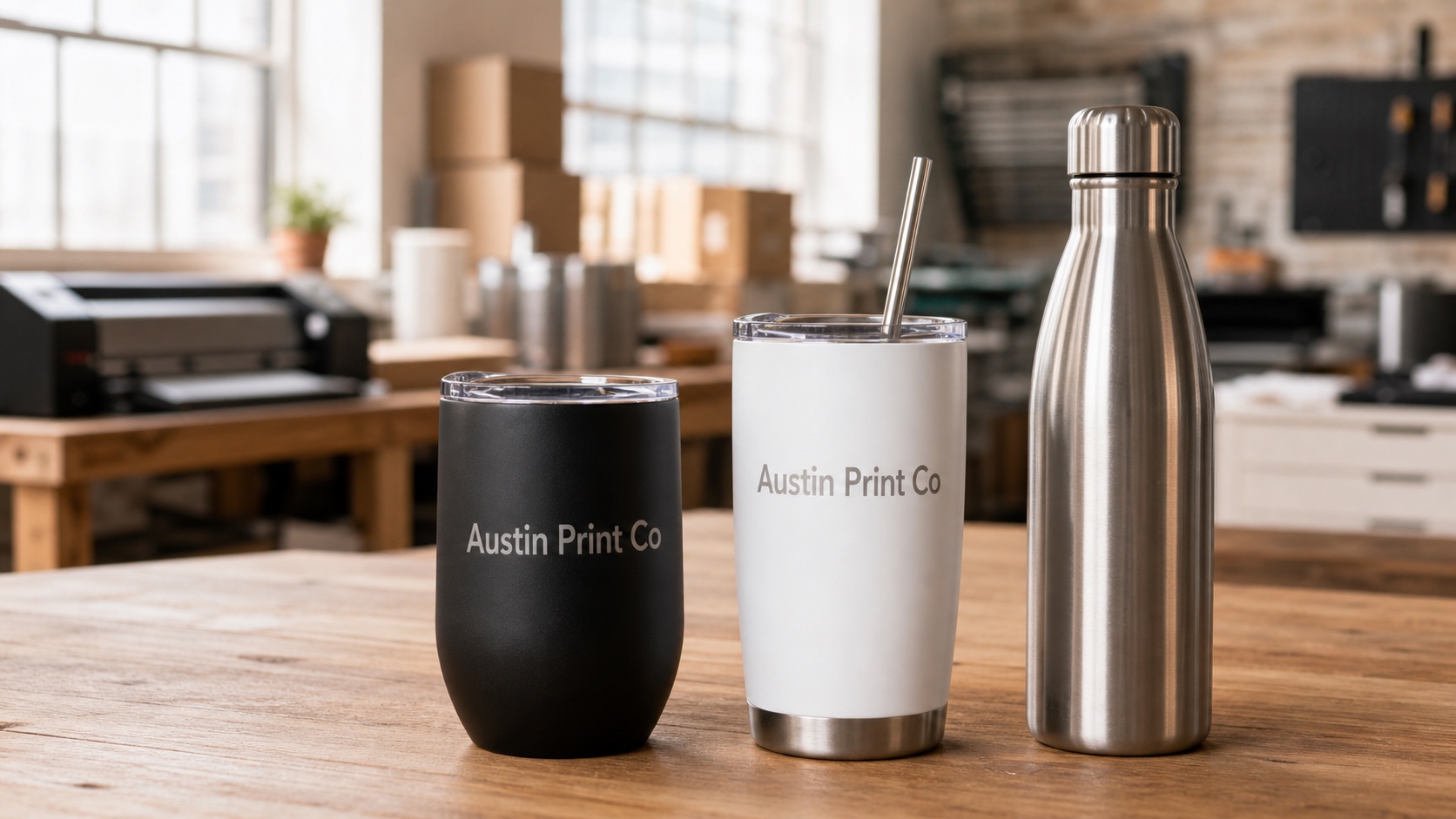 Custom black and white tumblers with plain Austin Print Co text printed directly on the drinkware surfaces in a print shop.