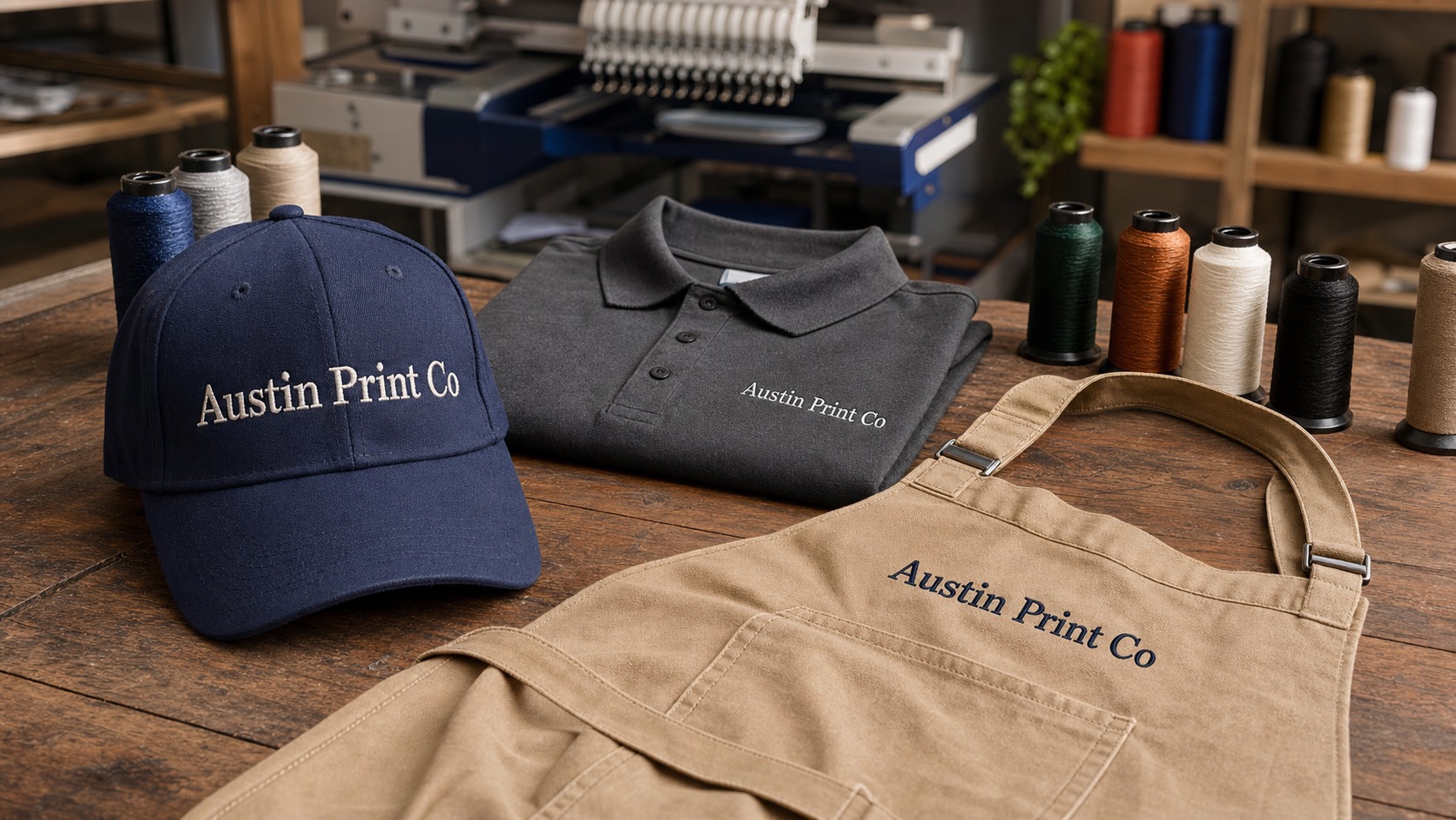 Navy cap embroidered with Austin Print Co text on a print shop table with matching embroidered apparel samples