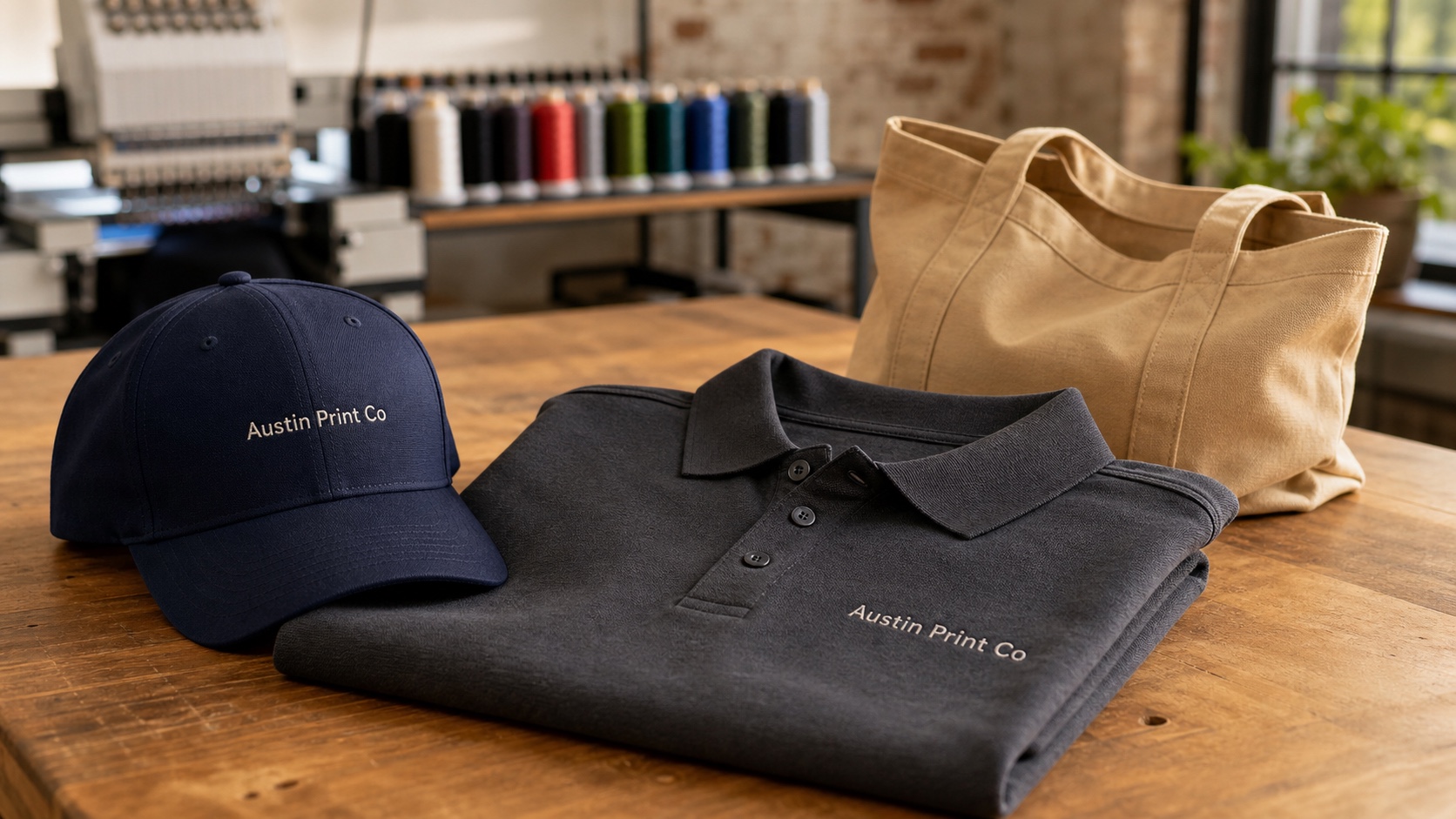 Navy cap and charcoal polo embroidered with Austin Print Co text on a print shop table
