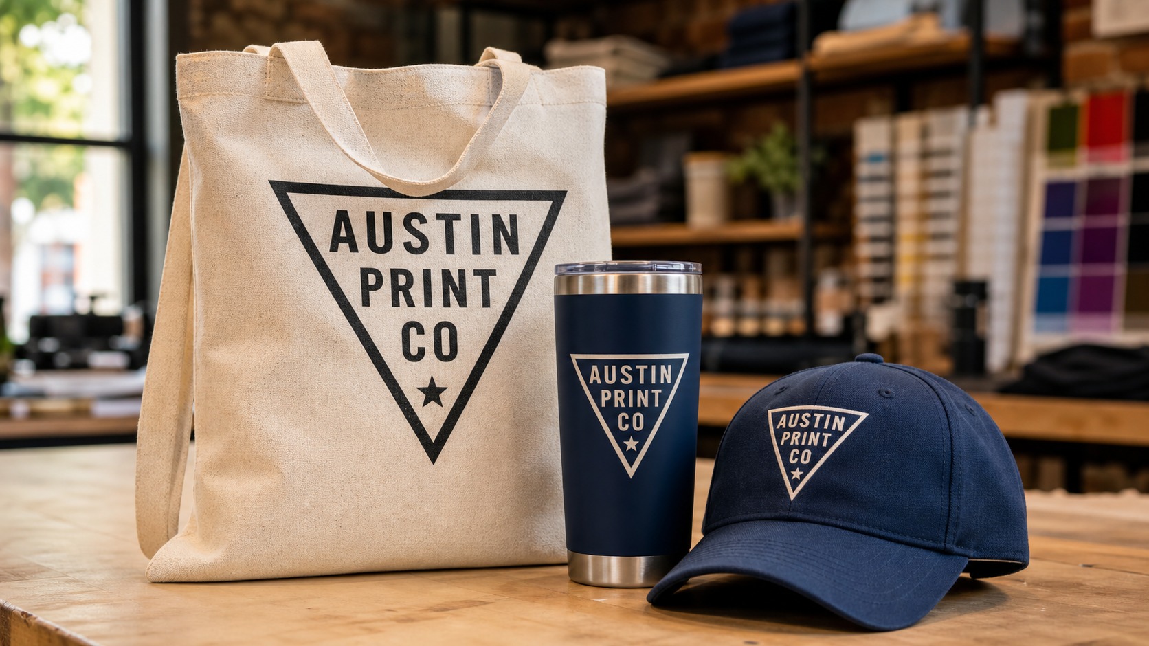 Austin Print Co triangle logo printed directly on a canvas tote, navy tumbler, and navy cap for an Austin event merch order