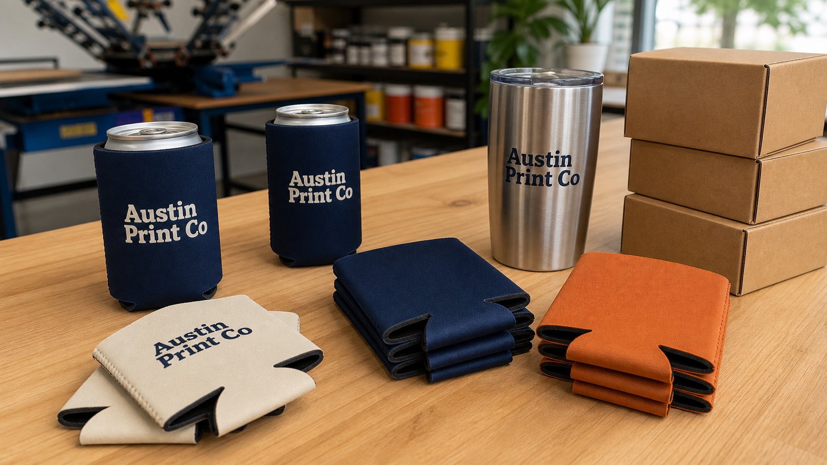 Custom koozies and a tumbler with plain Austin Print Co text printed directly on the product surfaces.