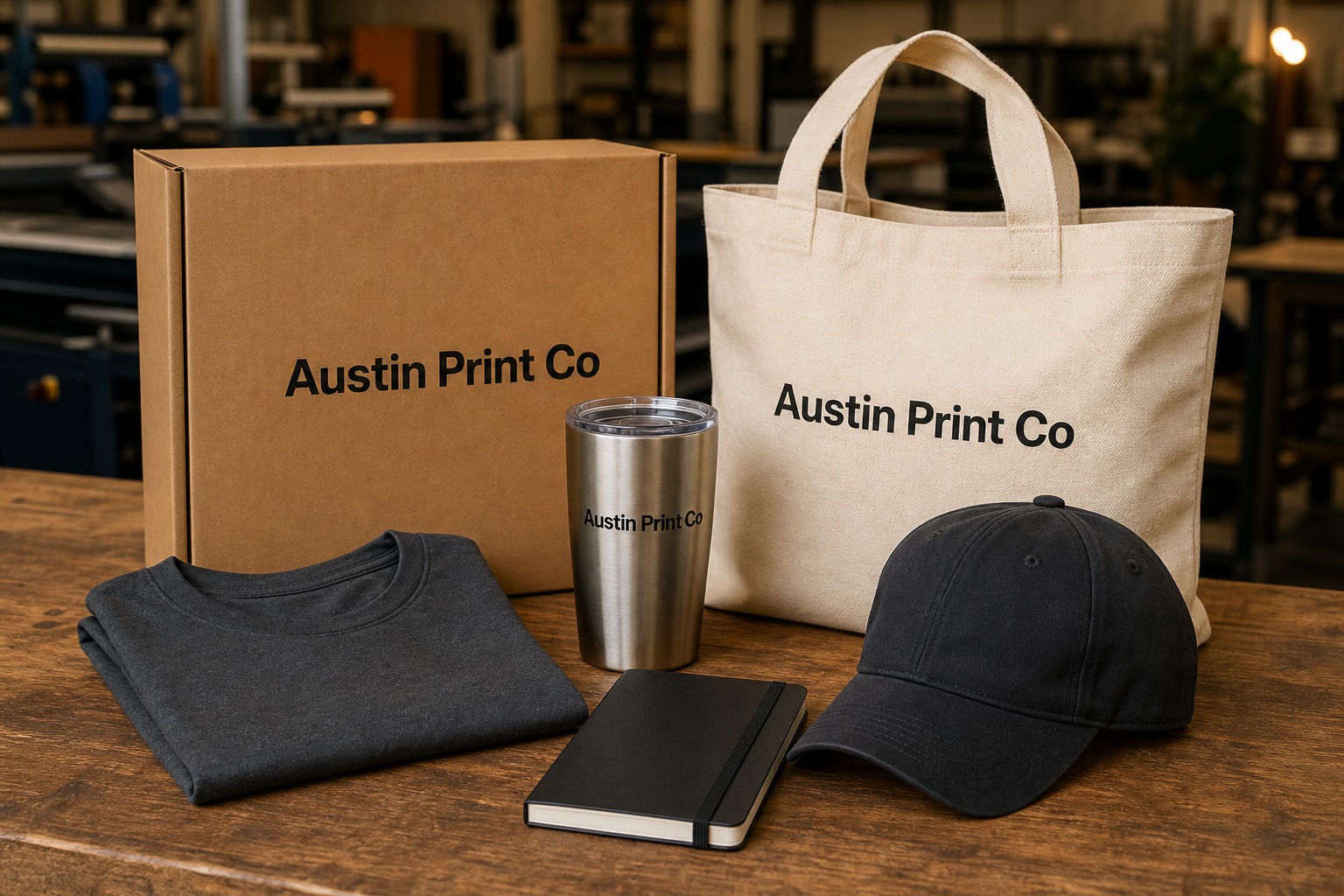 Corporate onboarding kit products printed with Austin Print Co text for swag bags in Austin