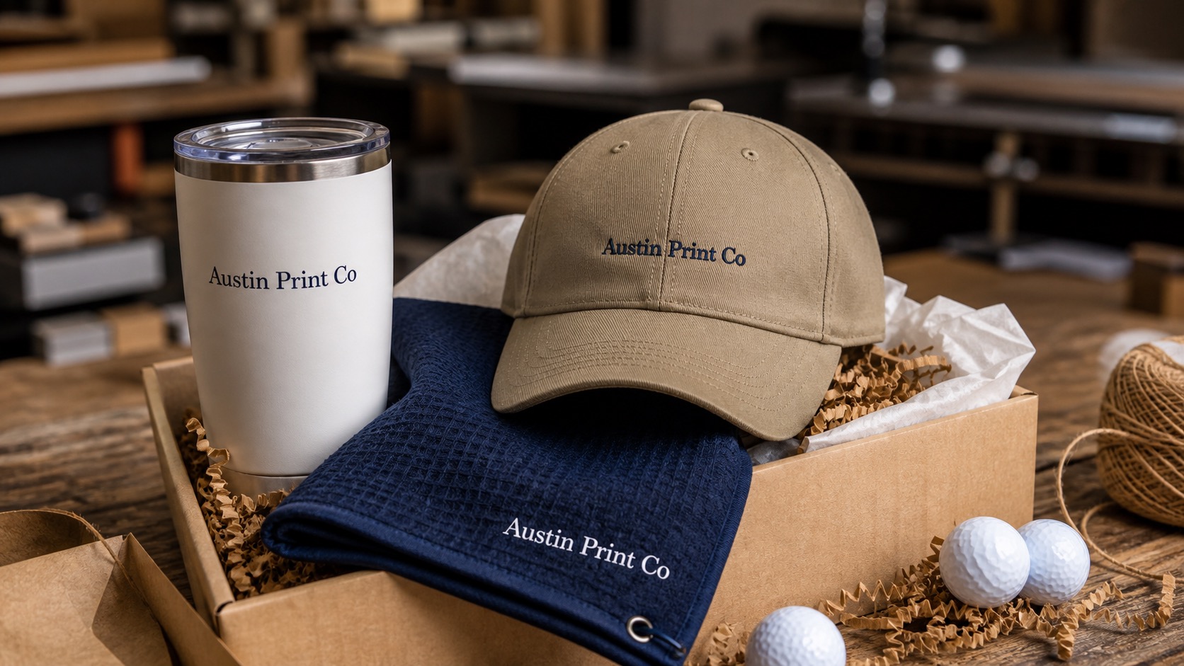 Custom golf towel, tumbler, and cap with Austin Print Co text printed directly on the products for an Austin golf tournament gift order