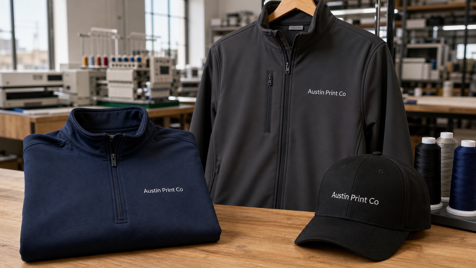 Embroidered quarter-zip, jacket, and cap with Austin Print Co text directly on the product surfaces