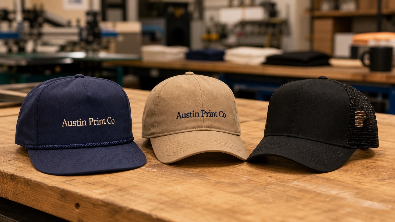 Two caps with Austin Print Co text embroidered directly on the front panels beside a blank trucker cap in a print shop