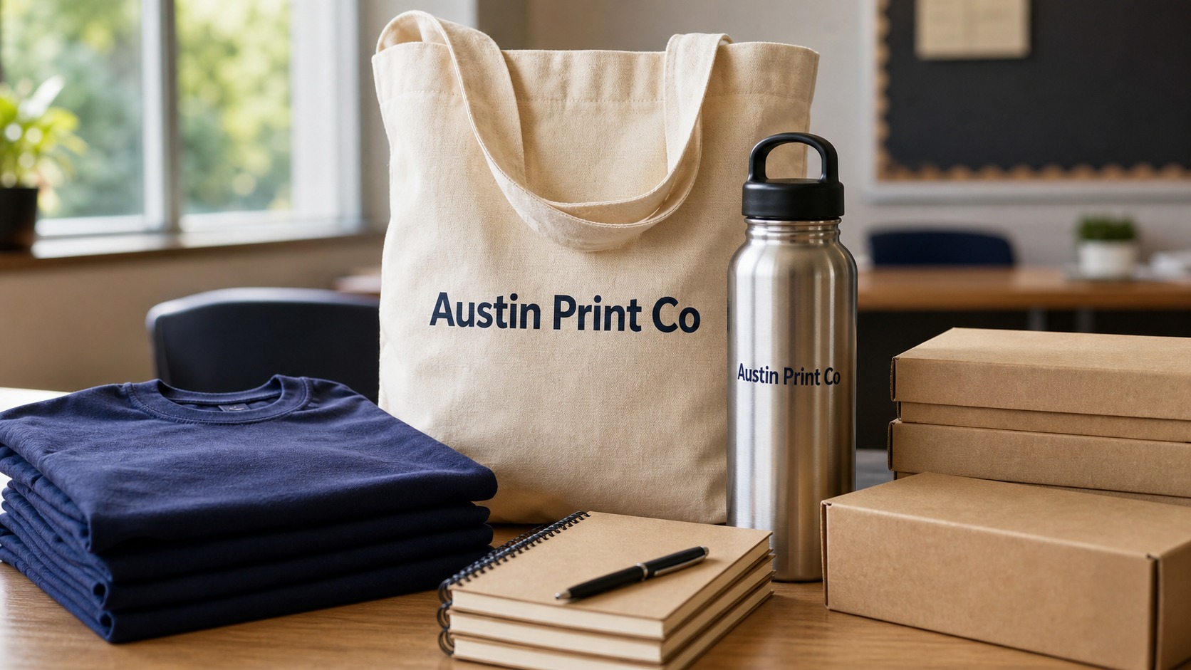 Back-to-school merch table with tote and water bottle printed with Austin Print Co text