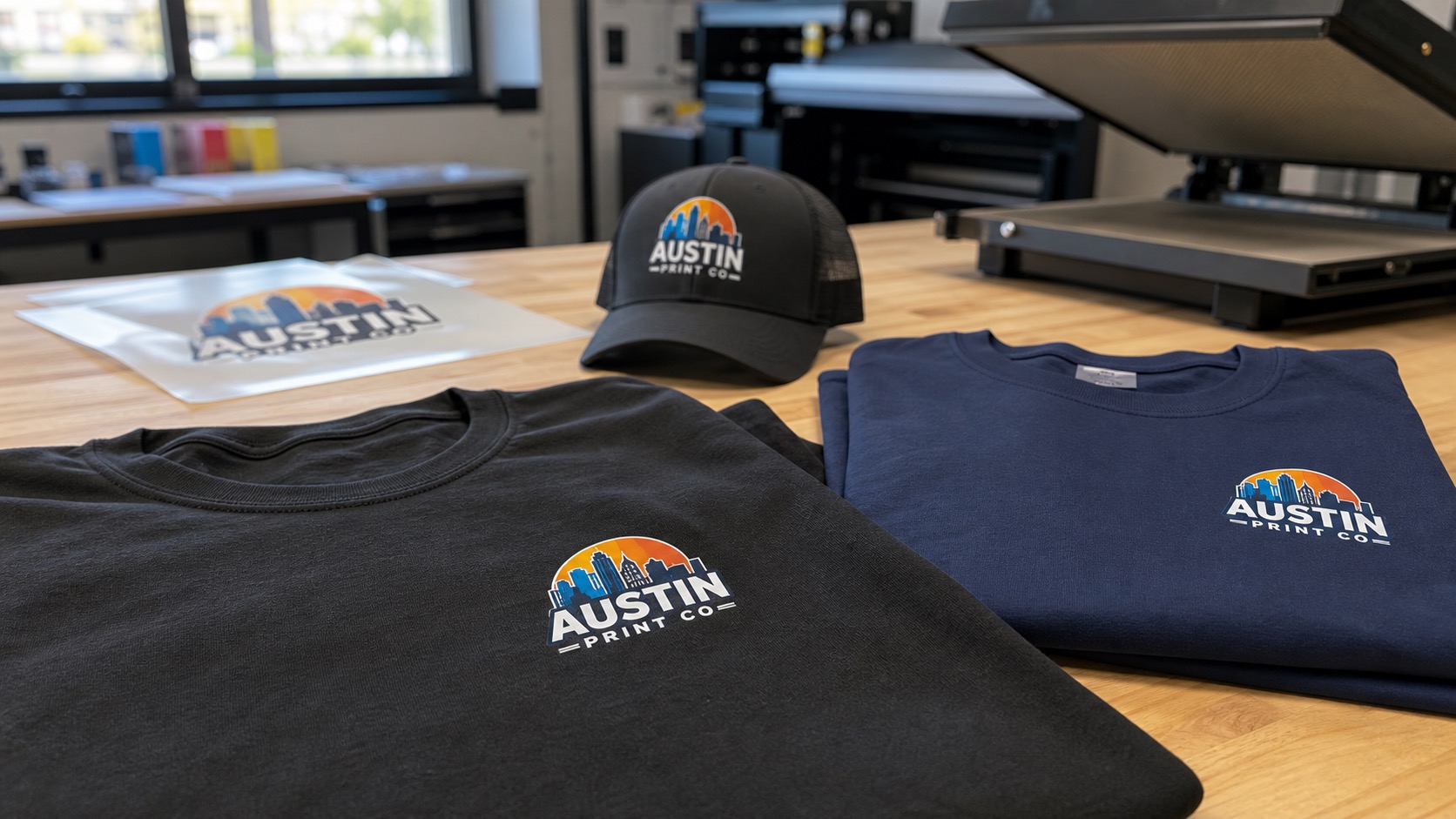 Austin Print Co logo printed directly on custom DTF shirts and a cap on a print shop worktable.