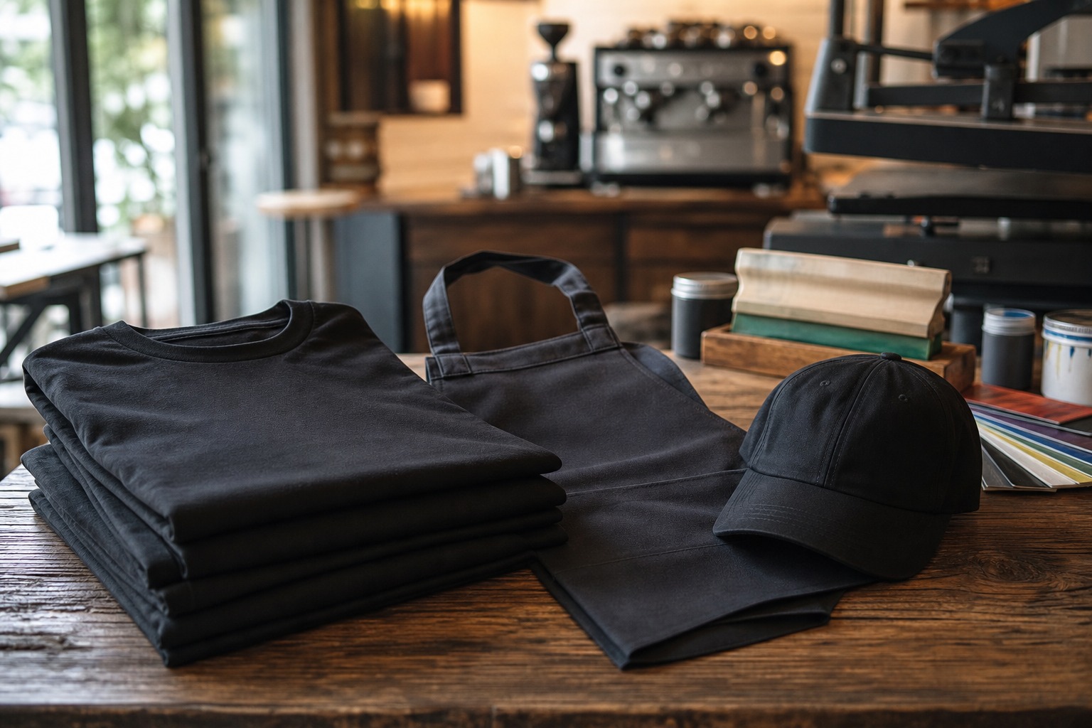 Blank restaurant staff shirts, apron, and cap arranged for Austin hospitality uniform planning