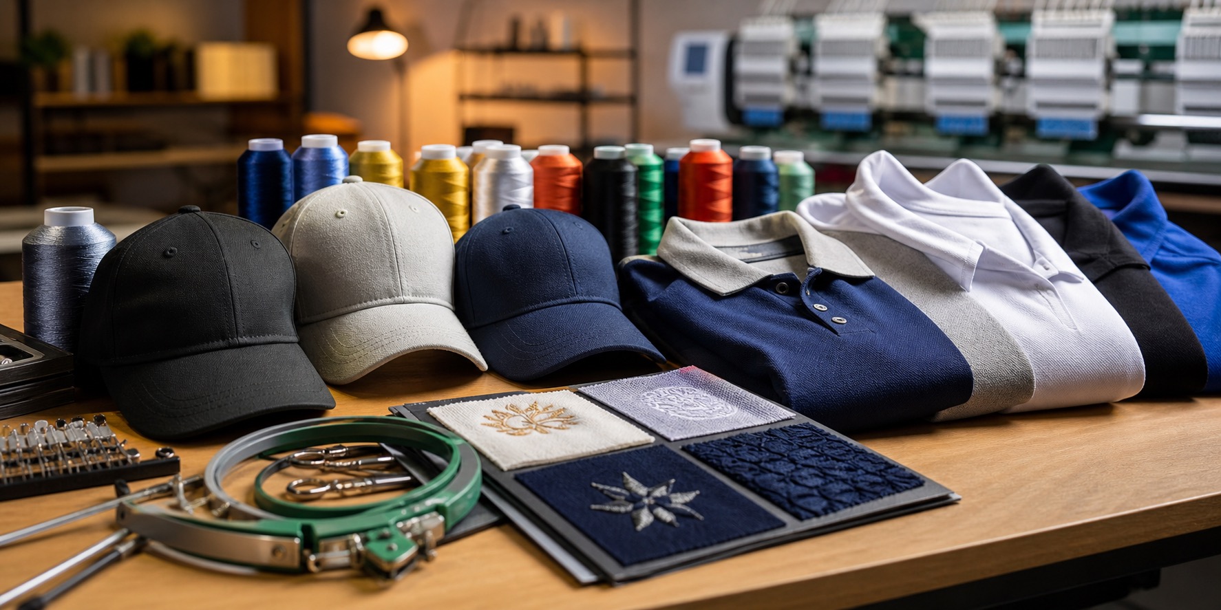 Embroidered hats and polos arranged at an Austin custom apparel shop