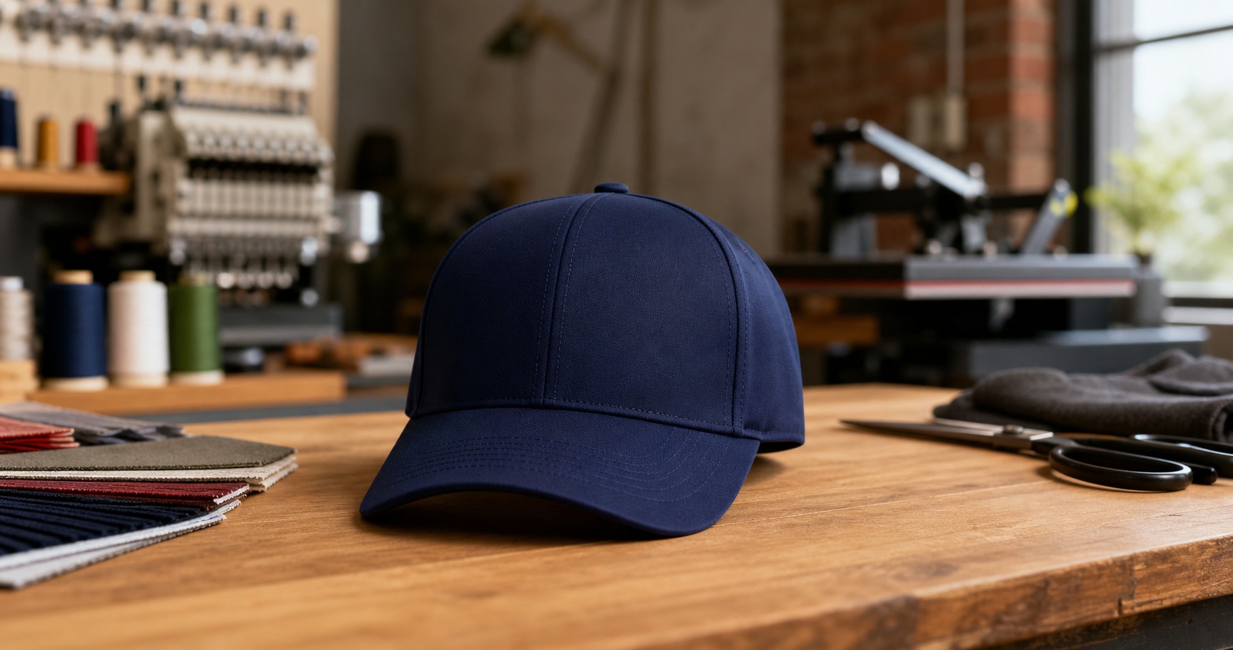 Blank navy cap on a print shop worktable for same-day hat printing rush orders in Austin