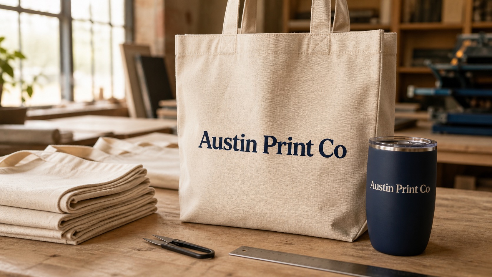 Canvas tote bag and navy tumbler with Austin Print Co text printed directly on the product surfaces for a custom tote bags article.
