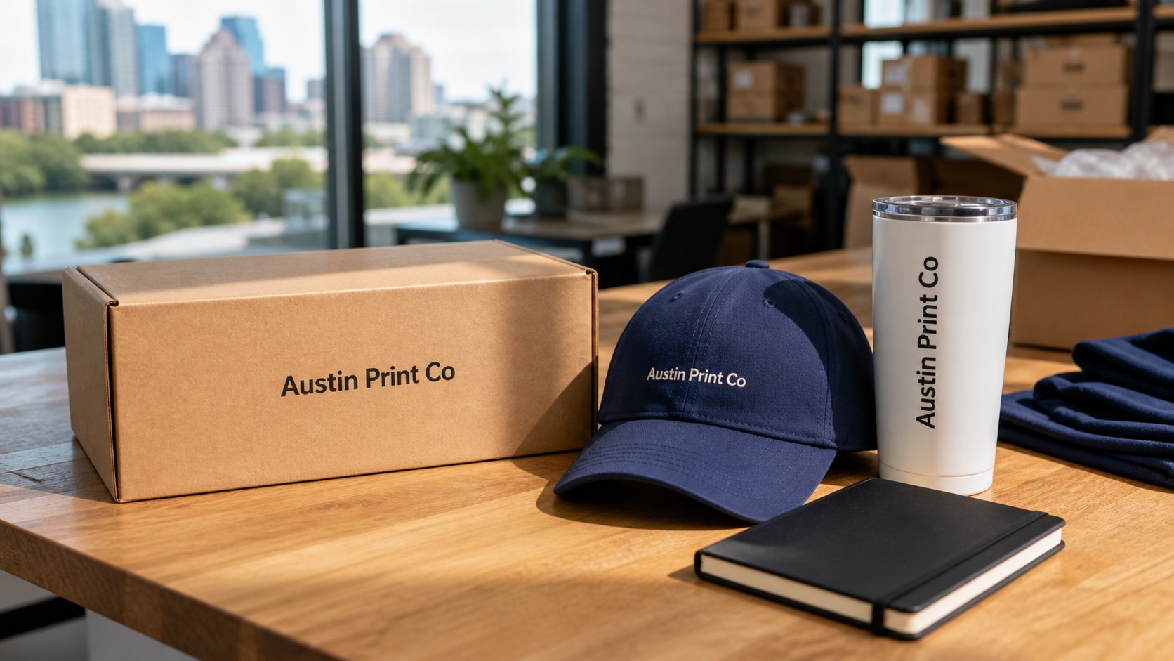 Company swag store products with plain Austin Print Co text printed on a box, cap, and tumbler