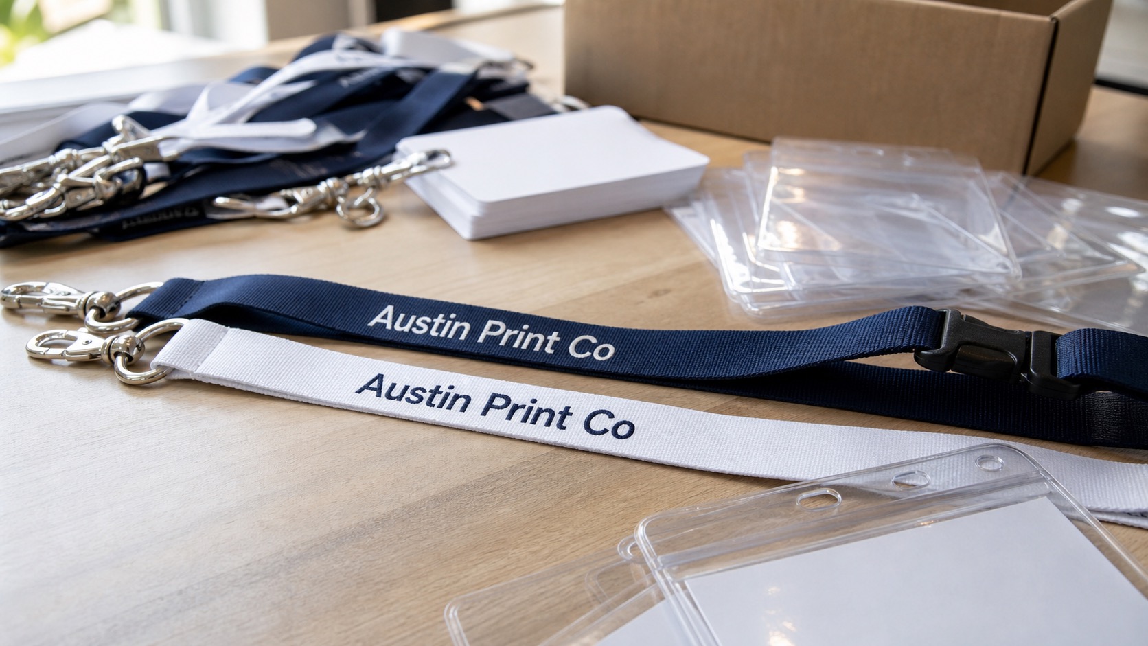 Custom lanyards and badge holders on a print shop table with Austin Print Co text printed directly on two lanyard straps.