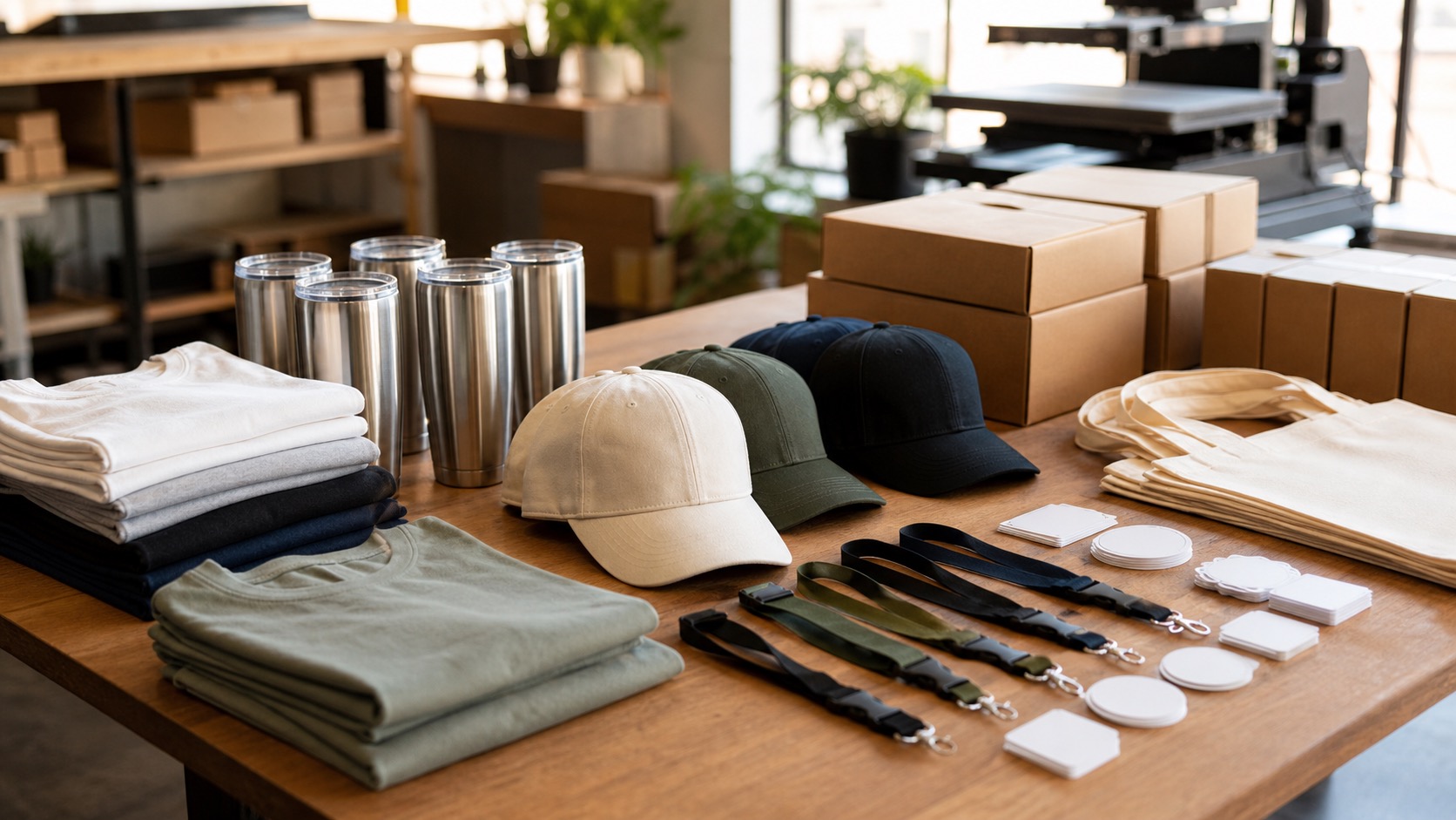 Event shirts, hats, drinkware, totes, and boxed merch arranged on a print shop production table
