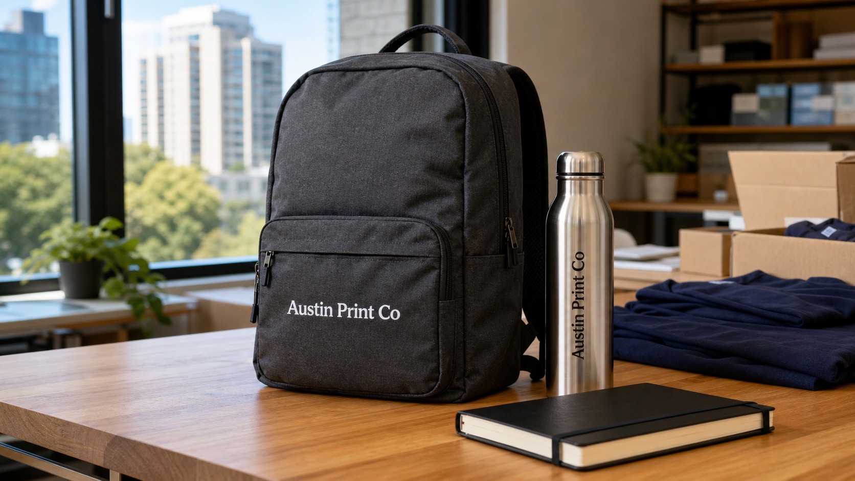 Charcoal backpack and water bottle with Austin Print Co text printed directly on the product surfaces for a custom backpack article.
