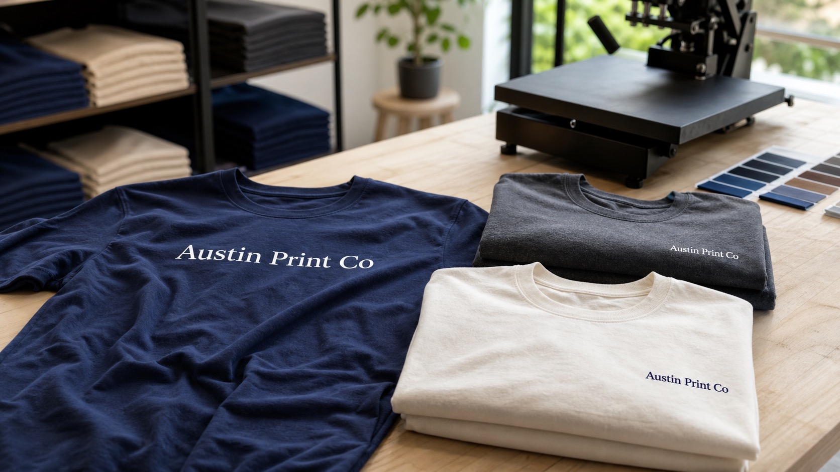 Custom t-shirts with plain Austin Print Co text printed directly on left chest and center chest shirt surfaces in a print shop
