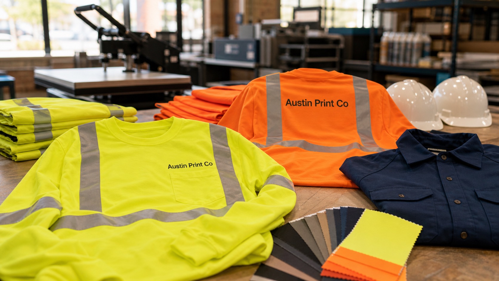 High visibility safety shirts with Austin Print Co text printed directly on the shirt surfaces in a print shop.
