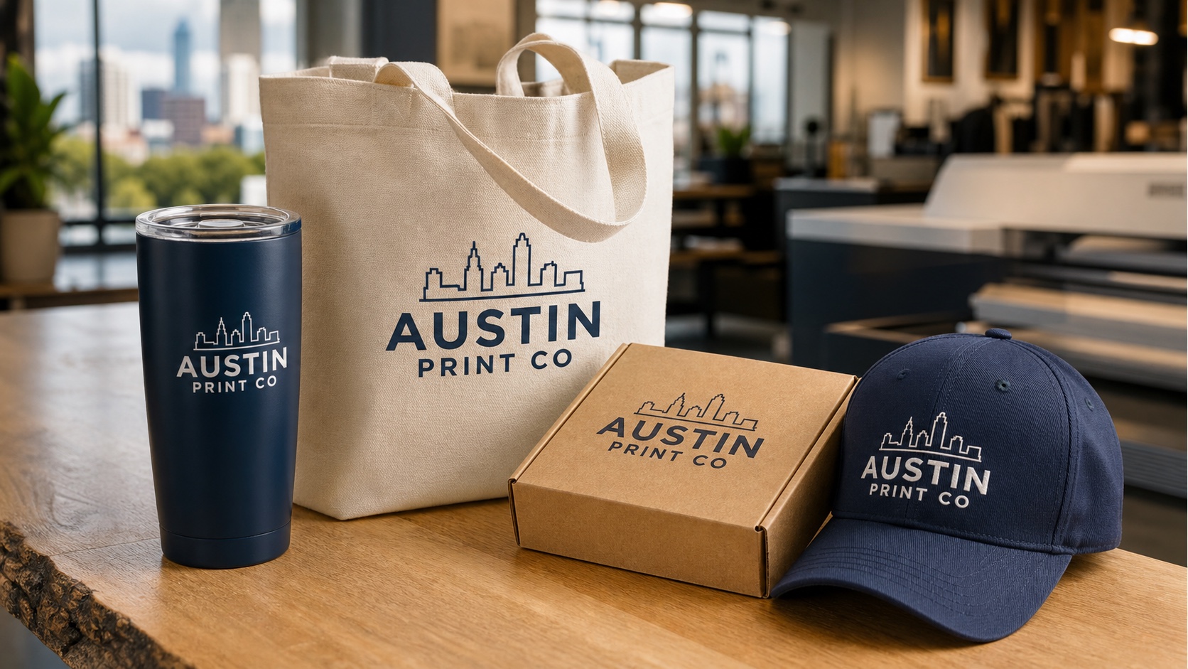 Austin Print Co logo printed directly on a tumbler, tote, swag box, and cap for a remote team company swag kit.