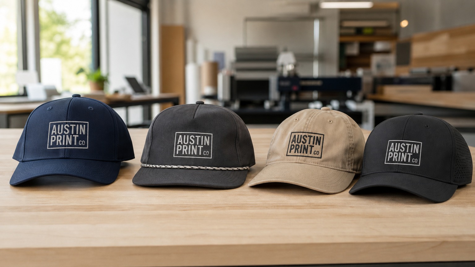 Custom company hats with the Austin Print Co logo applied directly to the front panels