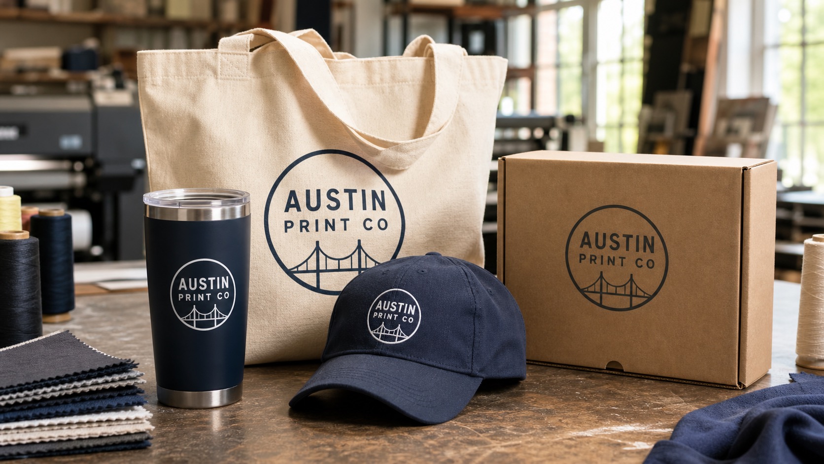 Austin Print Co logo printed directly on branded merchandise including a tumbler, cap, tote bag, and onboarding box