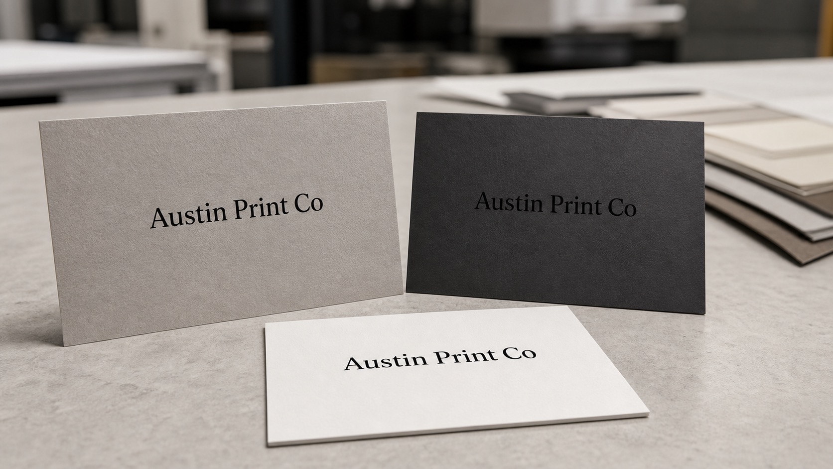 Austin Print Co text printed directly on matte business cards on a print shop table