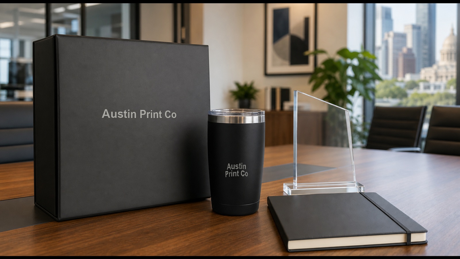 Austin Print Co branding printed on a gift box and tumbler for custom awards and recognition gifts
