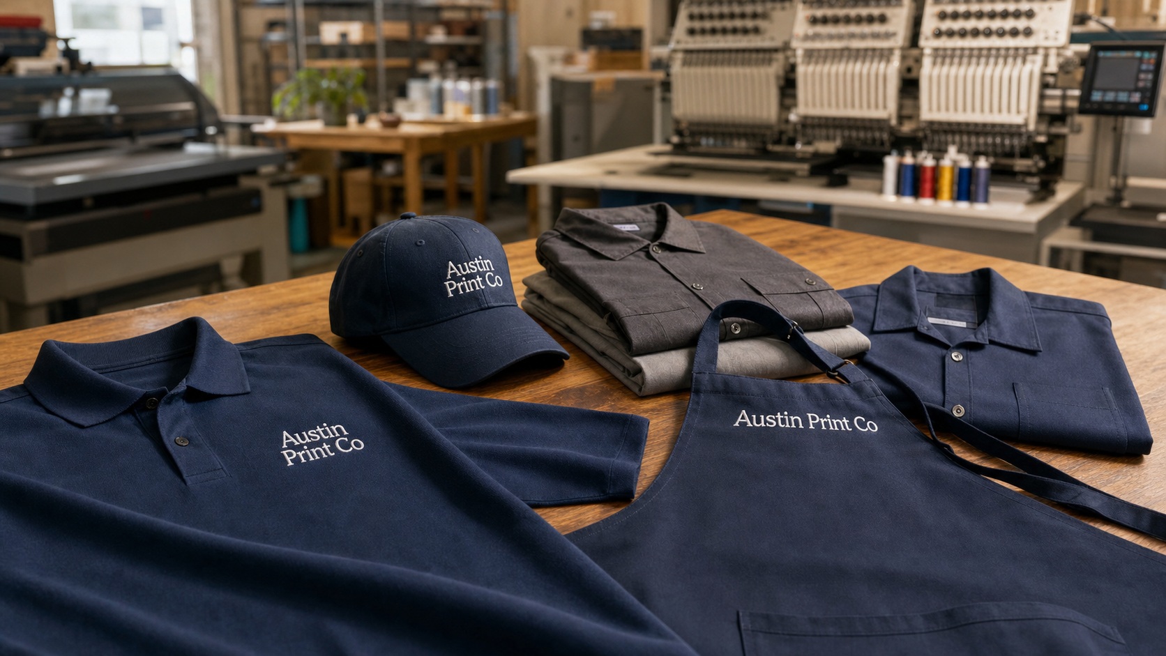 Austin Print Co embroidered branding on company uniforms including a navy polo, cap, and apron in a print shop