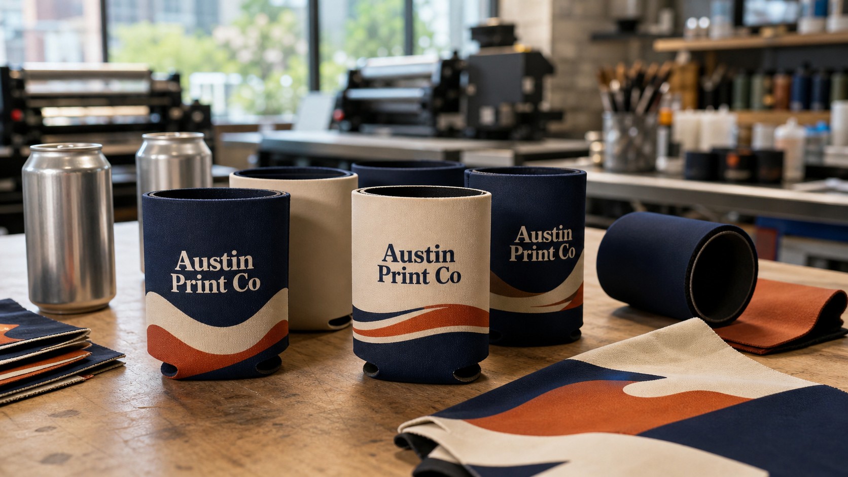 Custom koozies with plain Austin Print Co text printed directly on can cooler surfaces in a print shop