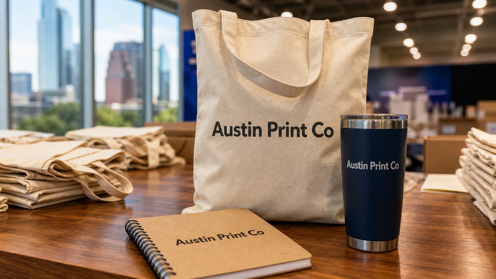 Canvas tote, tumbler, and notebook with Austin Print Co text printed directly on the product surfaces for trade show giveaway planning.