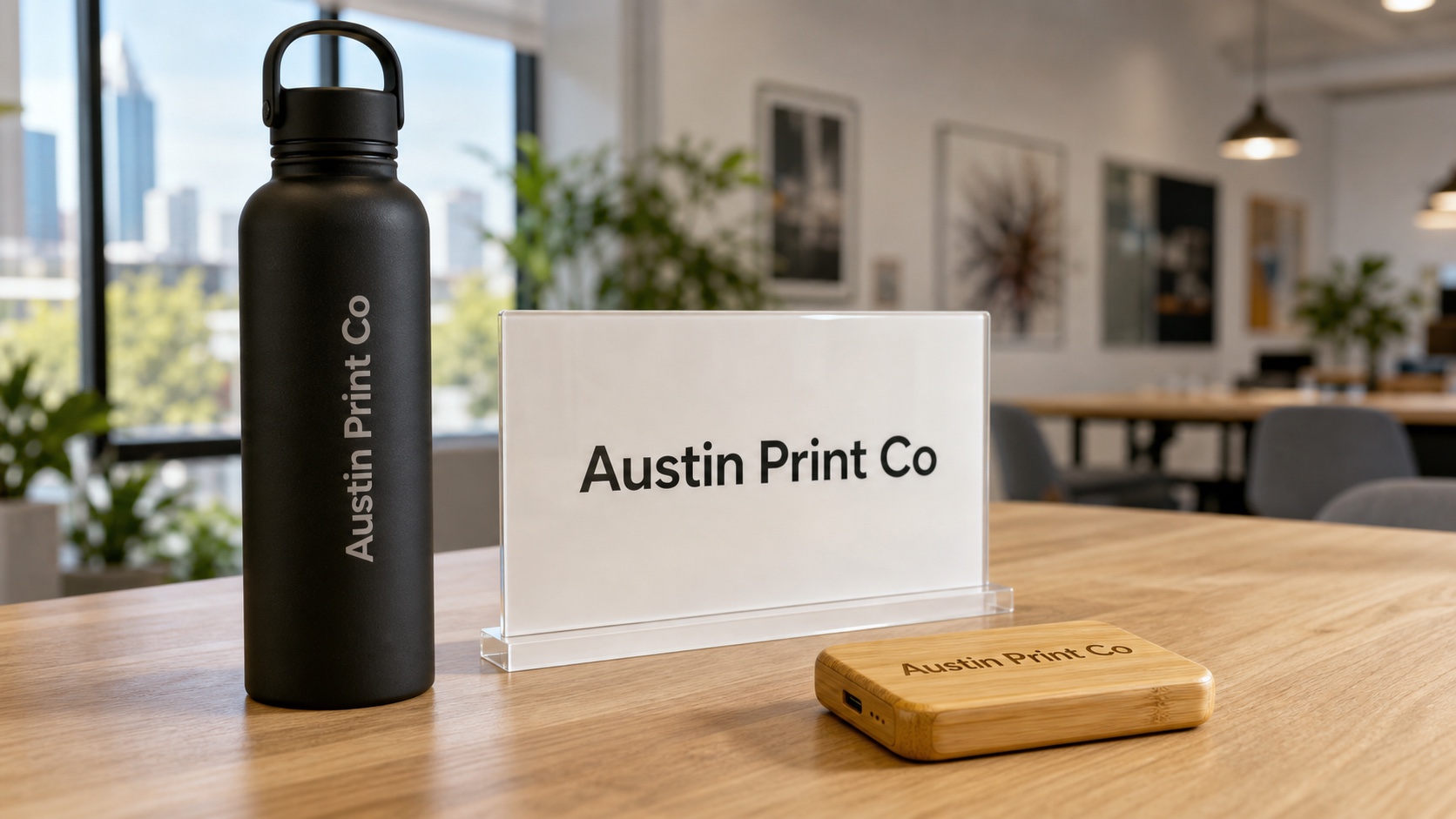 Austin Print Co text UV-printed directly on a bottle, acrylic desk sign, and bamboo tech accessory on a worktable.