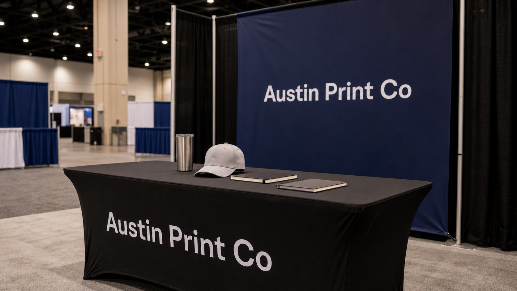 Austin Print Co text printed on a trade show table cover and retractable banner in an Austin-style booth setup.