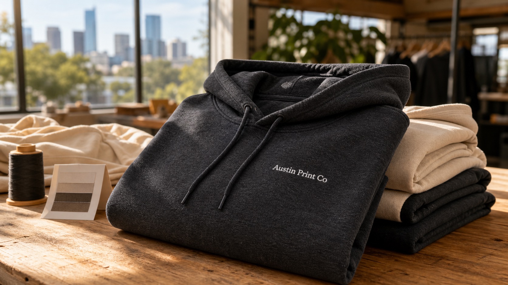 Folded charcoal and sand custom hoodies in an Austin print studio, with plain Austin Print Co text printed naturally on the charcoal hoodie's left chest.