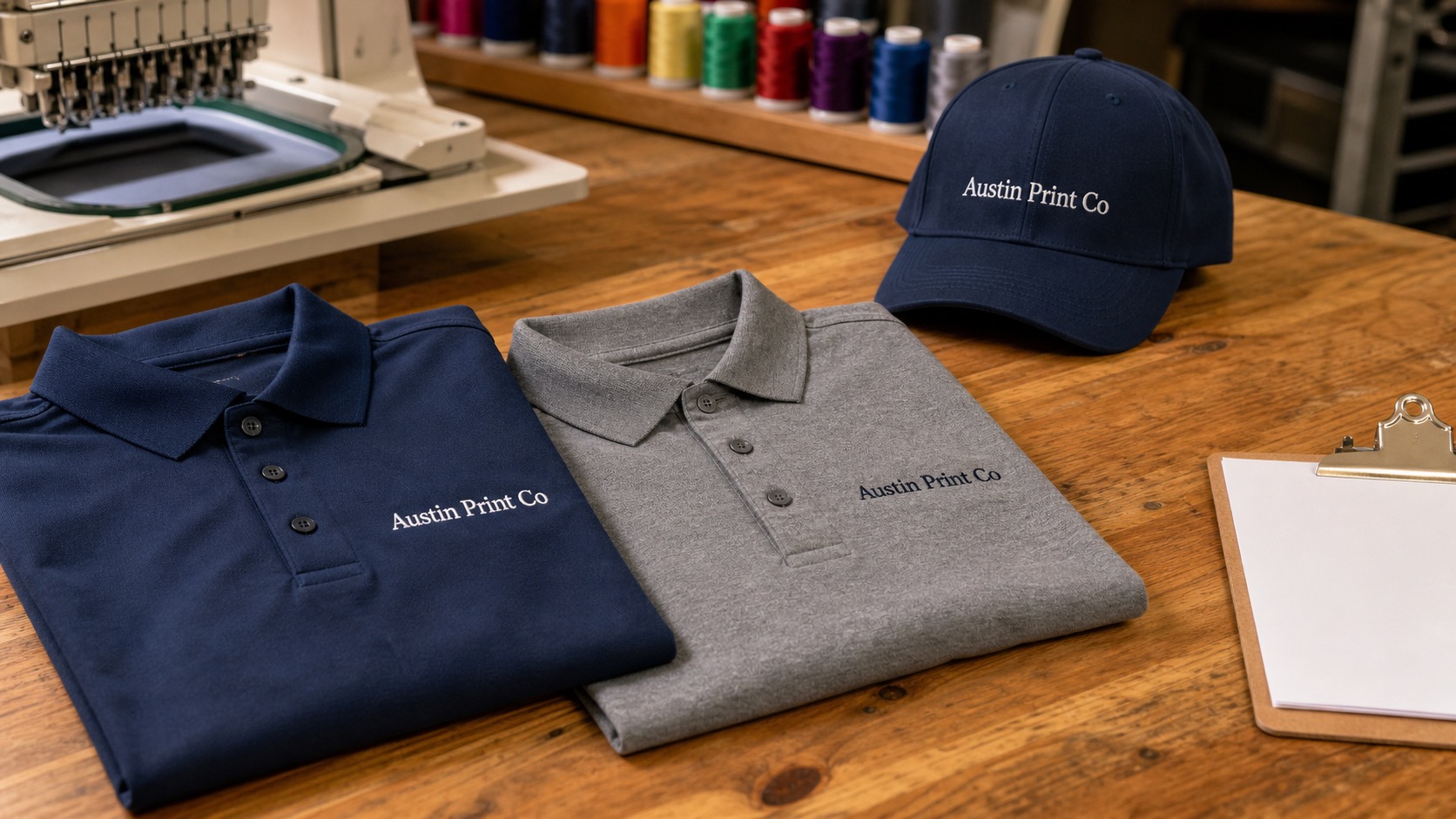Custom polos and a cap with Austin Print Co text printed directly on the merchandise in a print shop workspace.