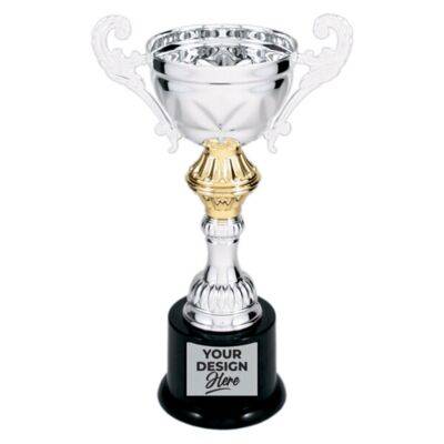 CMC201S - 8 3/4" Silver Completed Metal Cup Trophy on Plastic Base