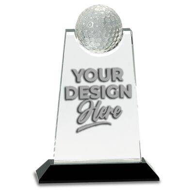 9" Clear Crystal Tablet with Inset Golf Ball on Black Pedestal Base