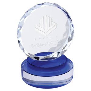 CRY19001BUS - 5" Round Facet Crystal on Blue & Clear Round Base