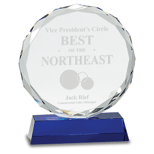 CRY501L - 7" Round Facet Crystal on Blue Pedestal Base