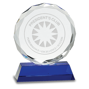 CRY501M - 6" Round Facet Crystal on Blue Pedestal Base