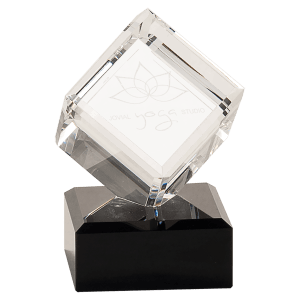 CRY6619S - 4 1/2" Clear Crystal Cube on Black Pedestal Base