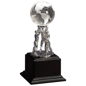 EX001 - 10" Clear Crystal Globe with Silver Men/Stand on Black Piano Finish Base