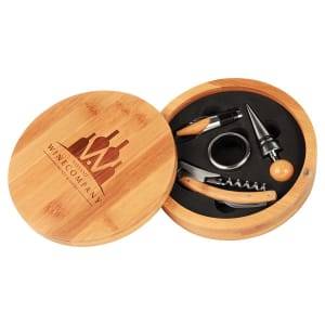 WTL07 - 6 1/4" Round Bamboo 4-Piece Wine Tool Set